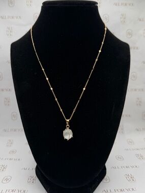NWT 18K Gold Filled Sequin Disc Chain | White Cat’s Eye Crystal Pendant | 18”